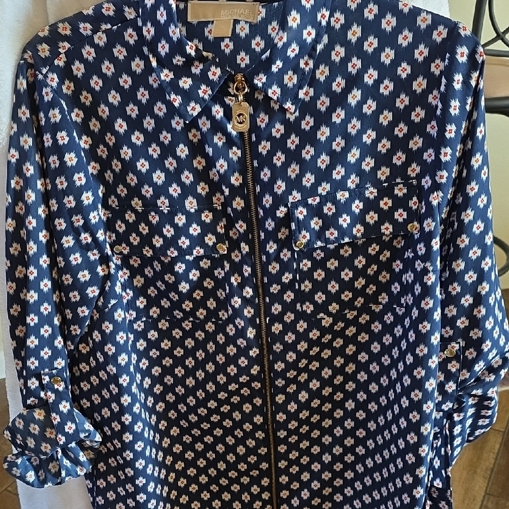 Michael Kors Navy and White Blouse with Orange & Gold Accents